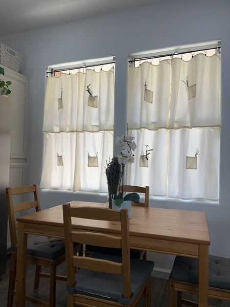 29" w x 28" L White Tea Towel Cafe Curtains with Center Pocket (set of two panels with 10 black rings included)