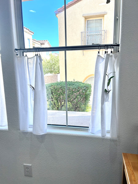 29" w x 28" L White Tea Towel Cafe Curtains with Center Pocket (set of two panels with 10 black rings included)